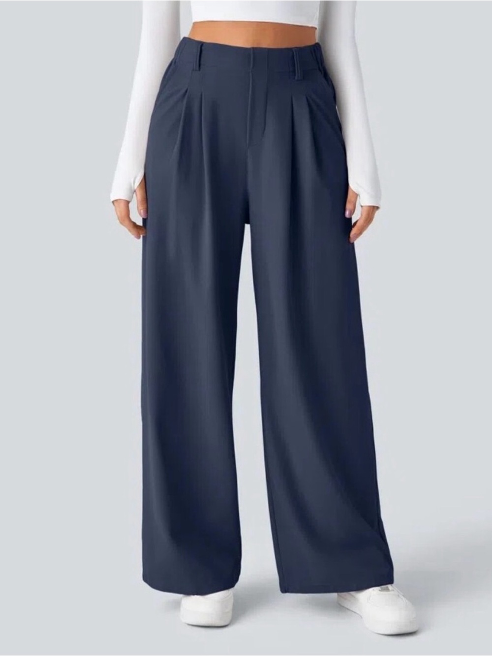 Halara NWT Navy Blue Pleated Wide Leg Trouser Pants Size Large comfy casual